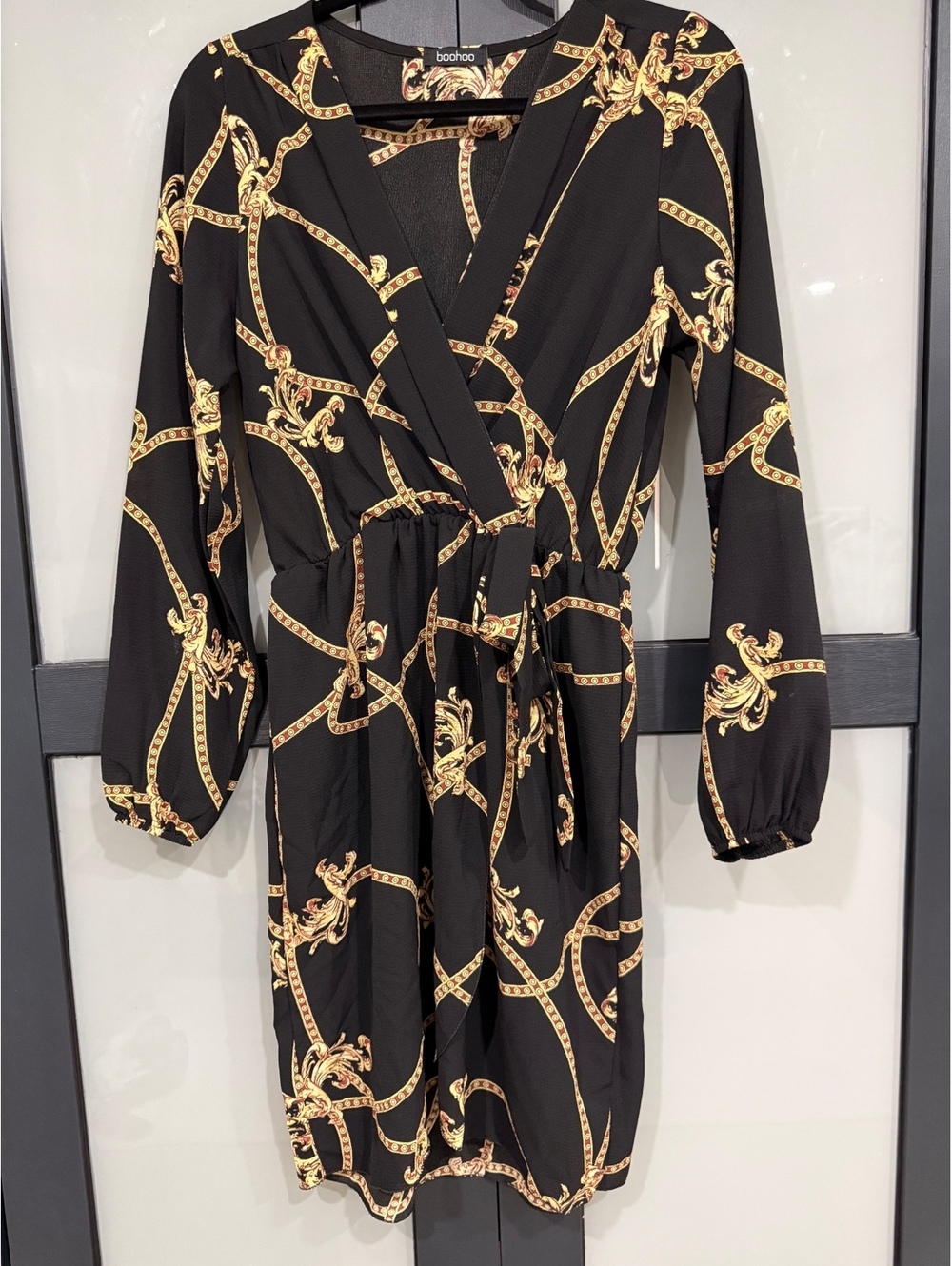 Boohoo Black Baroque-Print Wrap Dress